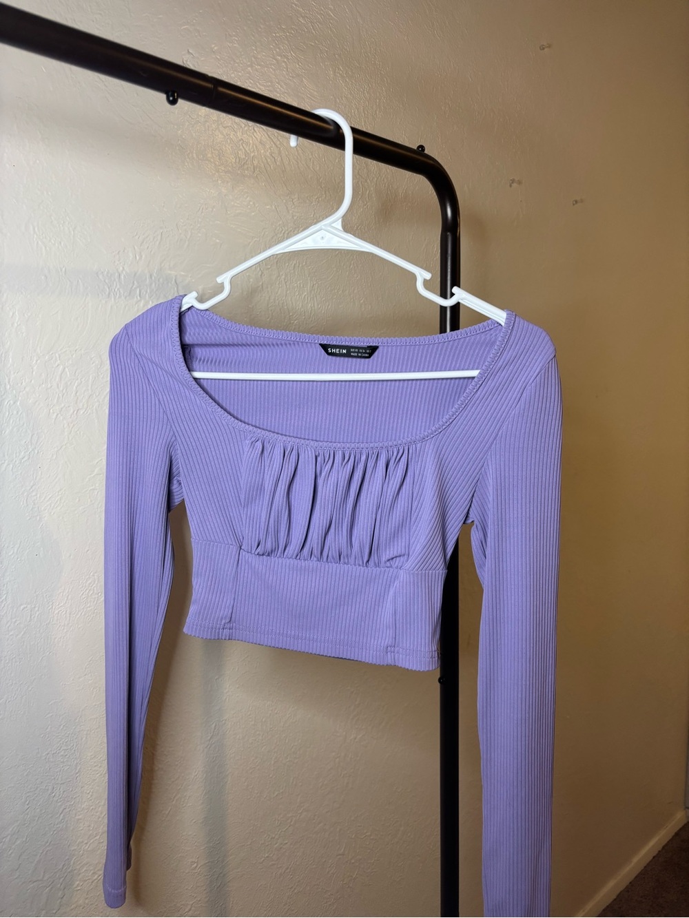 SHEIN Lavender Ribbed Long Sleeve Cropped Top